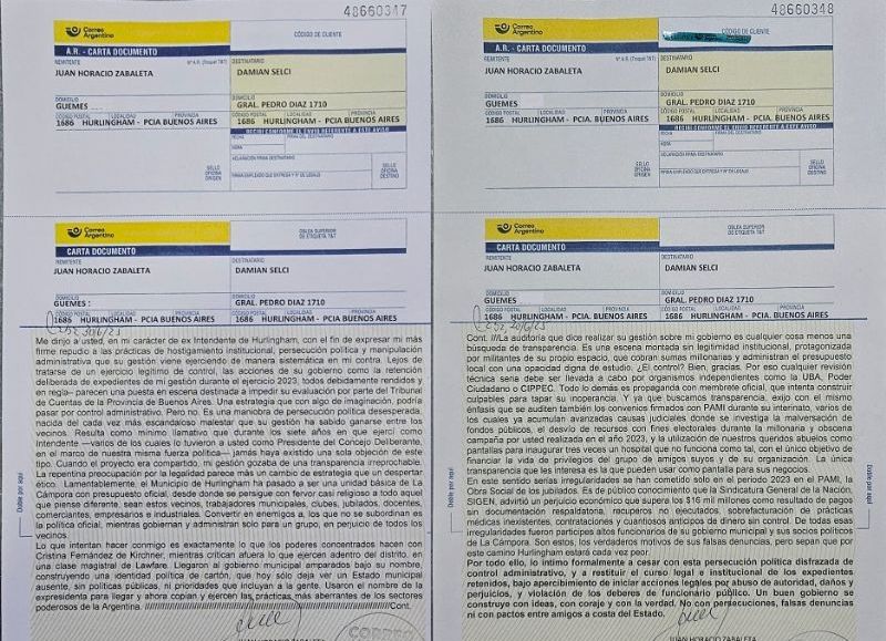 La carta documento enviada por Juan Zabaleta a Damián Selci el 30 de junio, con fuertes acusaciones de persecución política y manejo partidario del Municipio de Hurlingham.