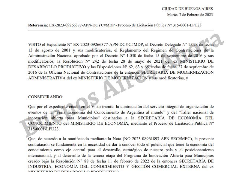 Fue la Secretaría de Economía del Conocimiento, oficina que tiene a cargo el ex intendente de Escobar, Ariel Sujarchuk, quien ordenó iniciar la compulsa para realizar una feria en la ciudad de Buenos Aires.