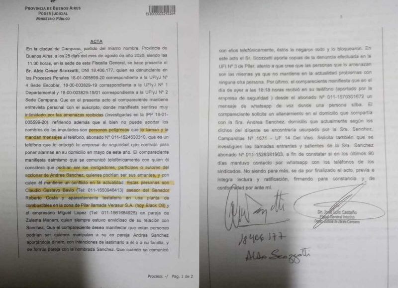 La denuncia contra el operador político Aldo César Scozzatti, meses antes de su detención, firmada por el fiscal general interino que trabaja para el senador bonaerense.