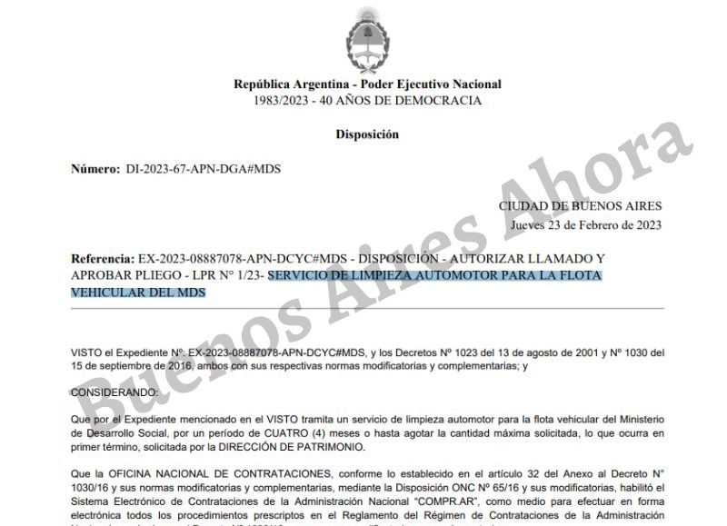 El pliego de la Licitación Privada firmado por Victoria Tolosa paz.