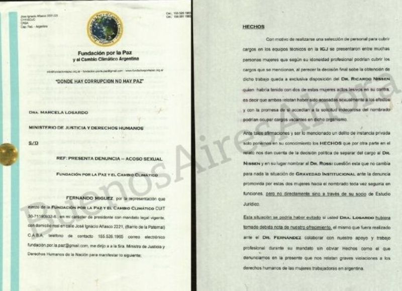El escrito presentado ante el Ministerio de Derechos Humanos y Justicia por acoso sexual.