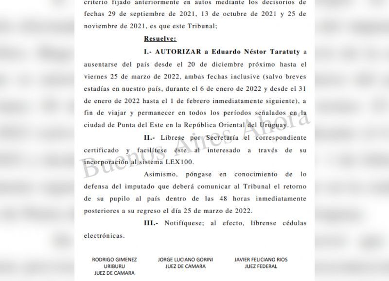 Esta solicitud fue aprobada por el Tribunal Oral en lo Criminal Federal 2, integrado por los jueces Jorge Gorini, Rodrigo Giménez Uriburu y Javier Feliciano Ríos.