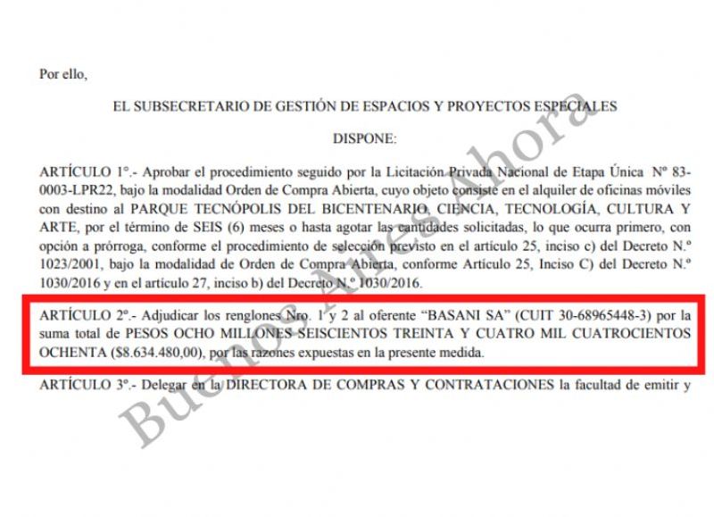 También se alquilaron oficinas móviles por $8.634.480, y salió adjudicada la empresa Basani S.A.