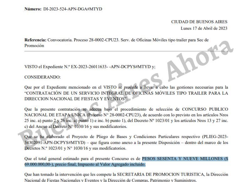 El pliego licitatorio donde se detalla que el presupuesto es de 69 millones de pesos.