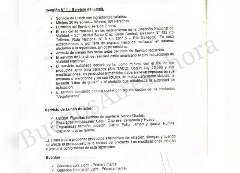 Los detalles del catering millonario.