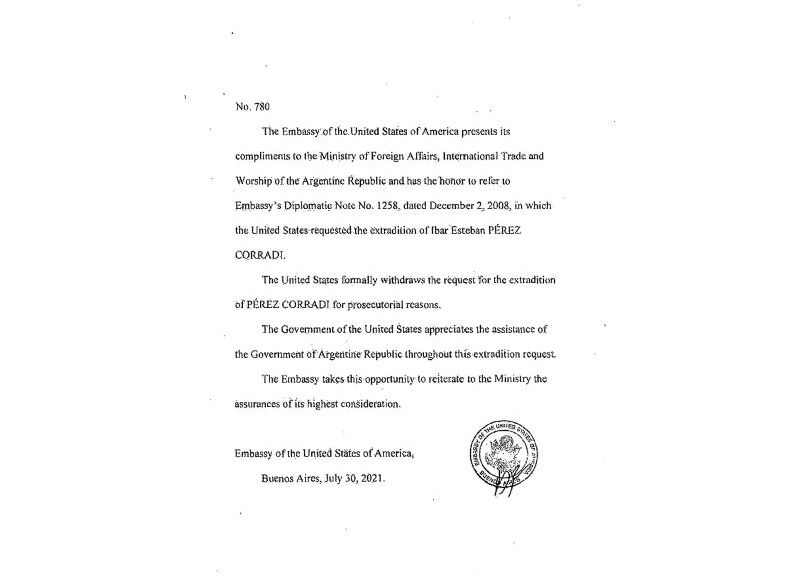 La nota de la Embajada norteamericana en la que comunica a la Cancillería que desiste de la extradición de Ibar Pérez Corradi.