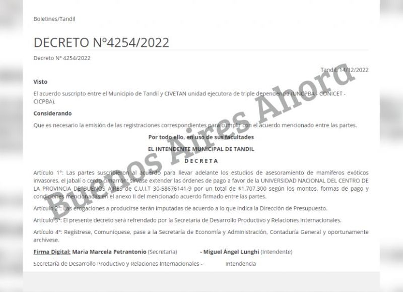 El decreto firmado por Miguel Lunghi y la secretaria de Desarrollo Productivo y Relaciones Internacionales, Marcela Petrantonio.