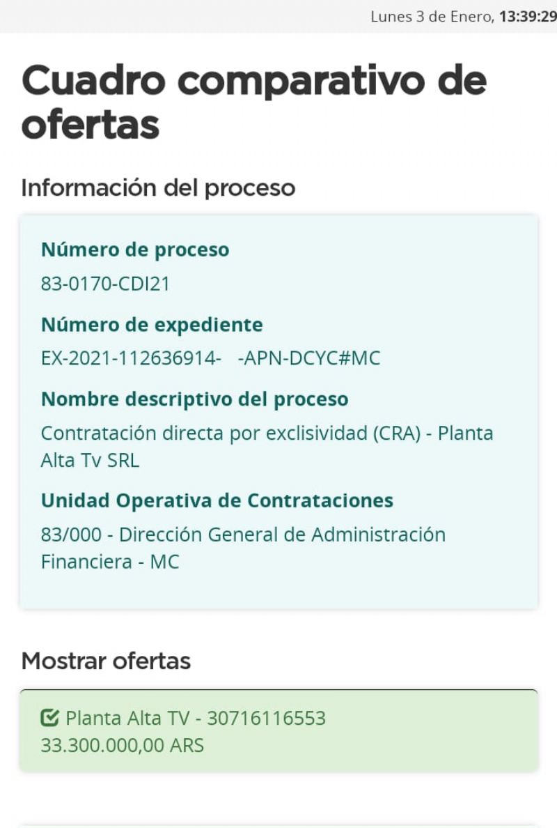 La contratación directa "por exclusividad" de la sociedad Planta Alta TV. S.R.L. por $33.300.000.