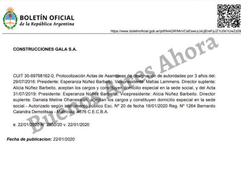 Esperanza Núñez Barbeito es presidenta de Construcciones Gala S.A, y Lammens es el vice.
