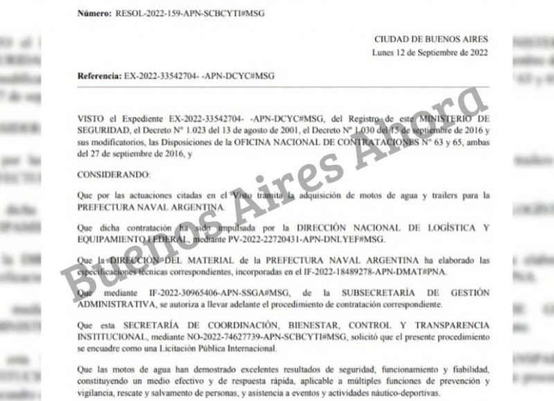 A través de una Licitación Pública bajo el expediente EX-2022-33542704, el organismo que comanda Aníbal Fernández solicitó la adquisición de 20 trailers y 60 motos de agua.