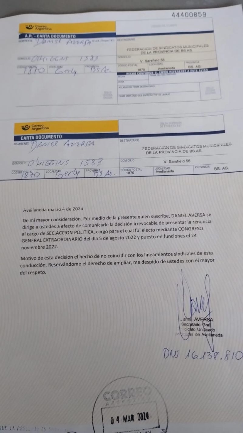 Carta de renuncia enviada por Daniel Aversa donde expresó su desacuerdo con la dirección de Bertinat.