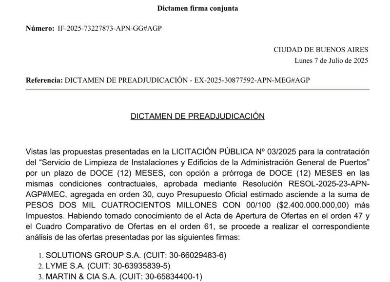 El dictamen que aprobó la Administración General de Puertos (AGP).