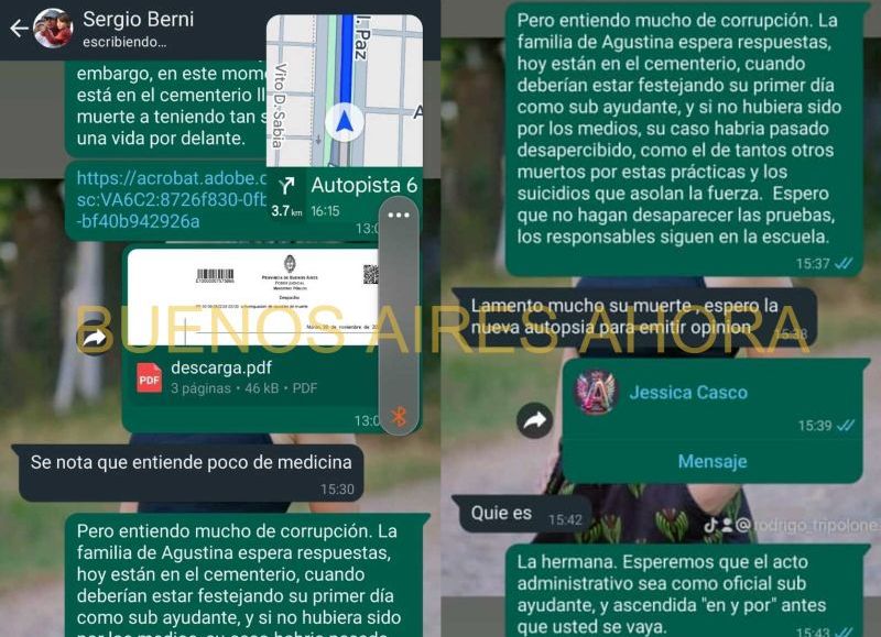 Captura de los chats entre el abogado y el ministro bonaerense Sergio Berni. (Foto: Buenos Aires Ahora)