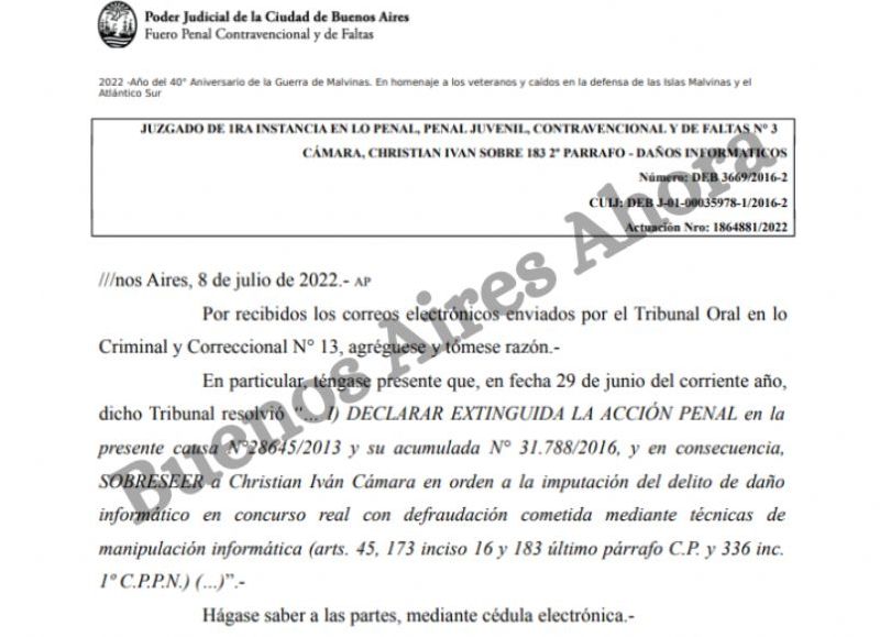 La Justicia Penal Juvenil, Contravencional y de Faltas N°3 de la Ciudad Autónoma de Buenos Aires resolvió sobreseer a Christian Ivan Cámara.