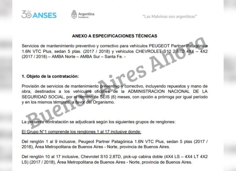 El anexo técnico de la licitación millonaria para el mantenimiento de los vehículos oficiales del organismo dirigido por Fernanda Raverta.