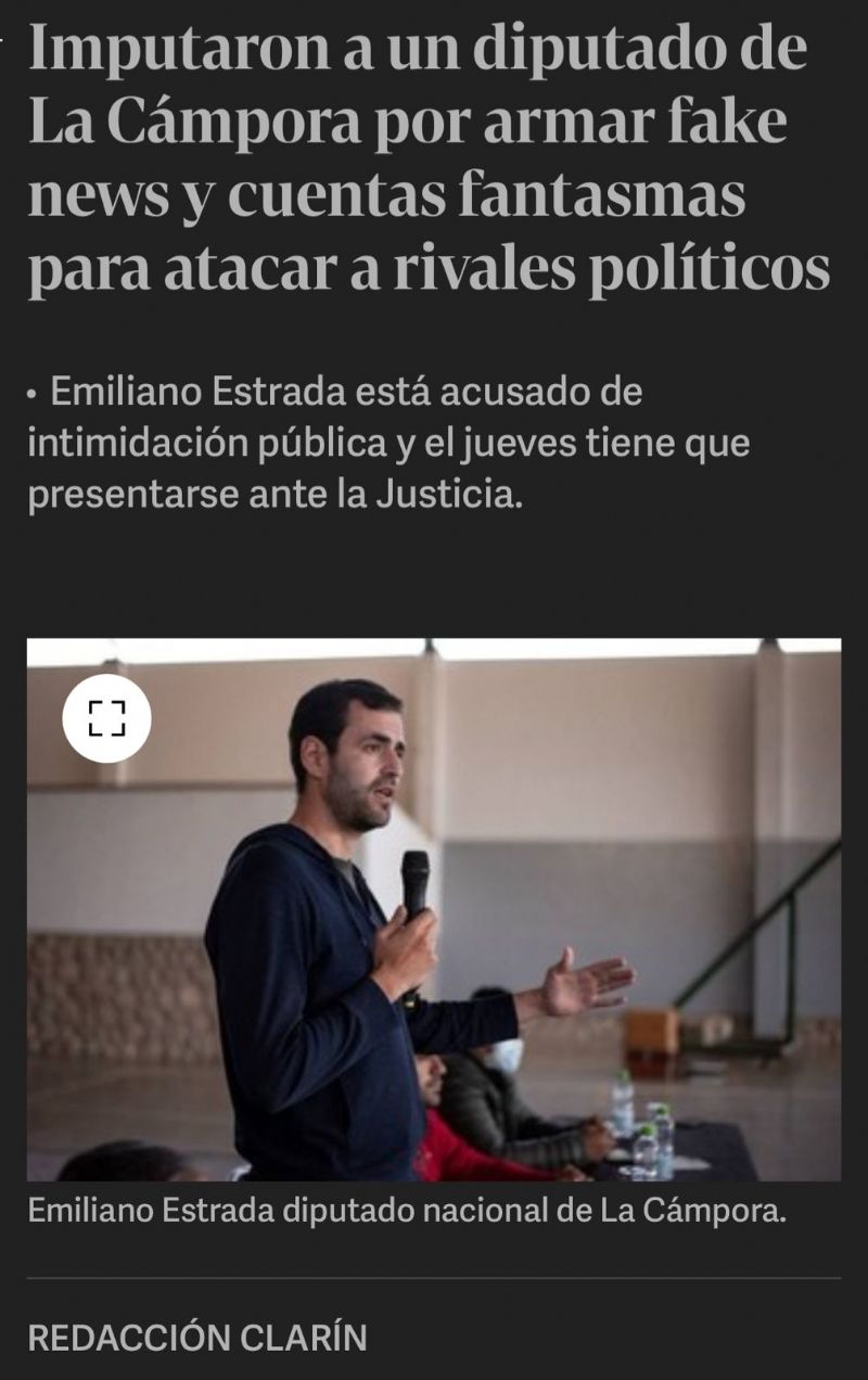 Nota publicada en Clarín sobre la imputación de Emiliano Estrada, diputado de La Cámpora, acusado de crear cuentas falsas y difamar a opositores políticos a través de redes sociales en Salta.