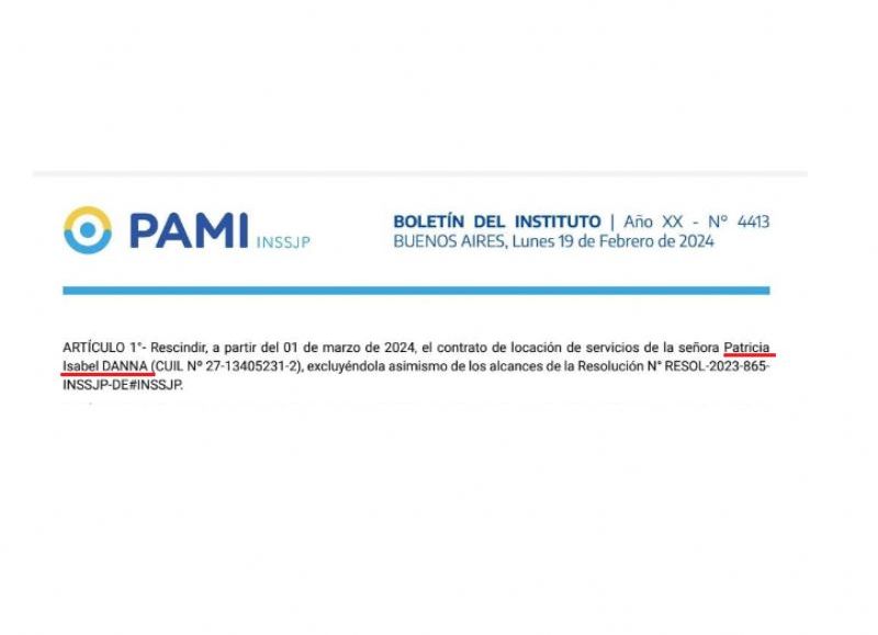 El Boletín Oficial del PAMI del despido a Danna por “ñoqui”; hoy directora de Derechos Humanos en la gestión de Selci.