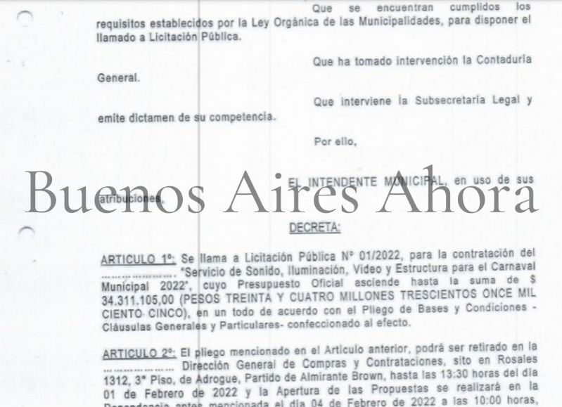 Se dio a conocer finalmente la cifra millonaria que derrochó el municipio de Almirante Brown para la contratación de un servicio de luces y sonidos para el Carnaval 2022. La comuna dispuso de un presupuesto de 34.311.105 pesos.