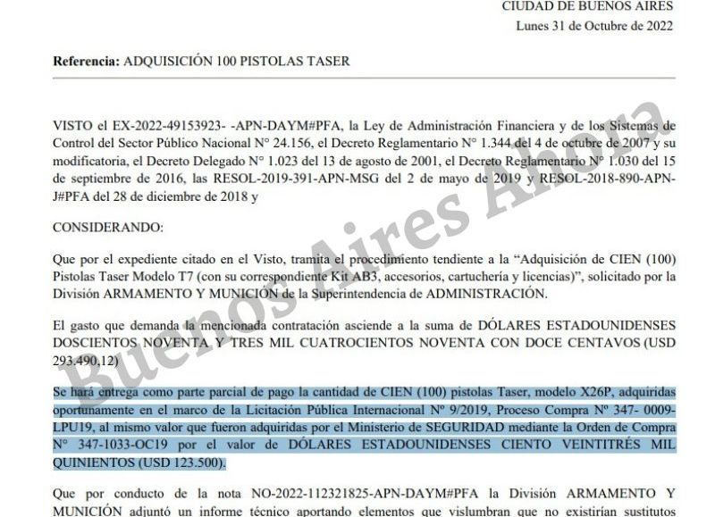 El pliego de la compra directa para la adquisición de 100 Taser.