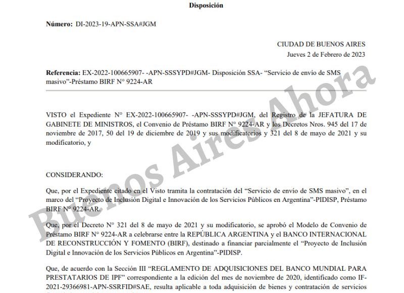 El pliego licitatorio lleva la firma de la Jefatura de Gabinete de Ministros.