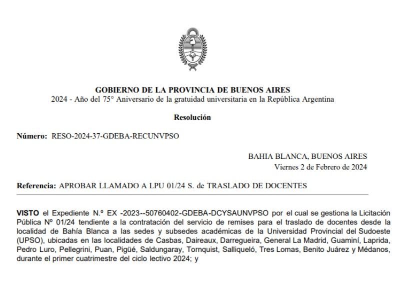 En el documento detallan la contratación del servicio de remises para el traslado de docentes desde Bahía Blanca, hasta las sedes y subsedes académicas.