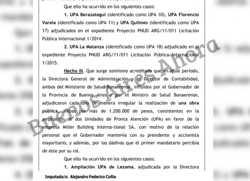 Parte del pedido de elevación a juicio contra el ex gobernador de la Provinicia de Buenos Aires.