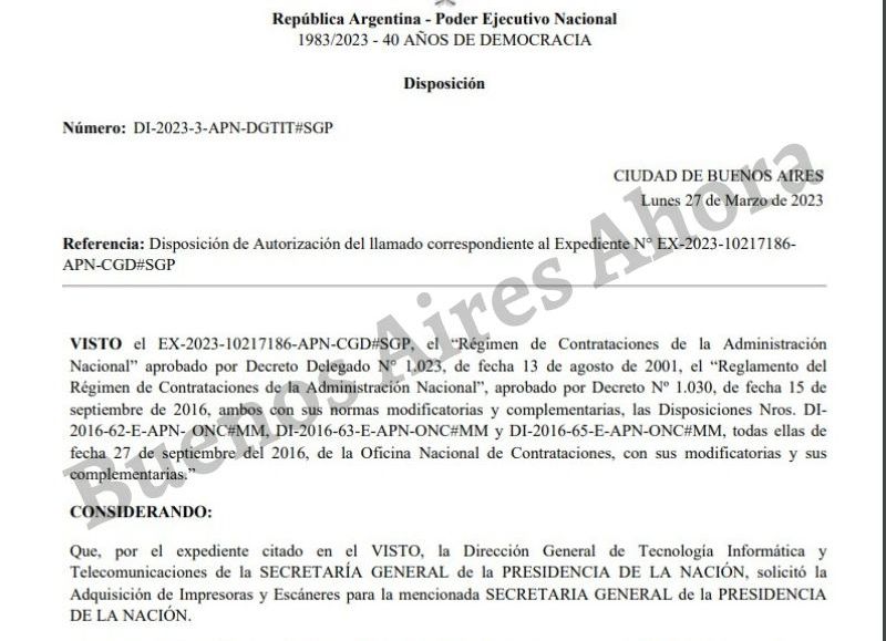 El pliego licitatorio firmado por el gobierno para la compra millonaria.