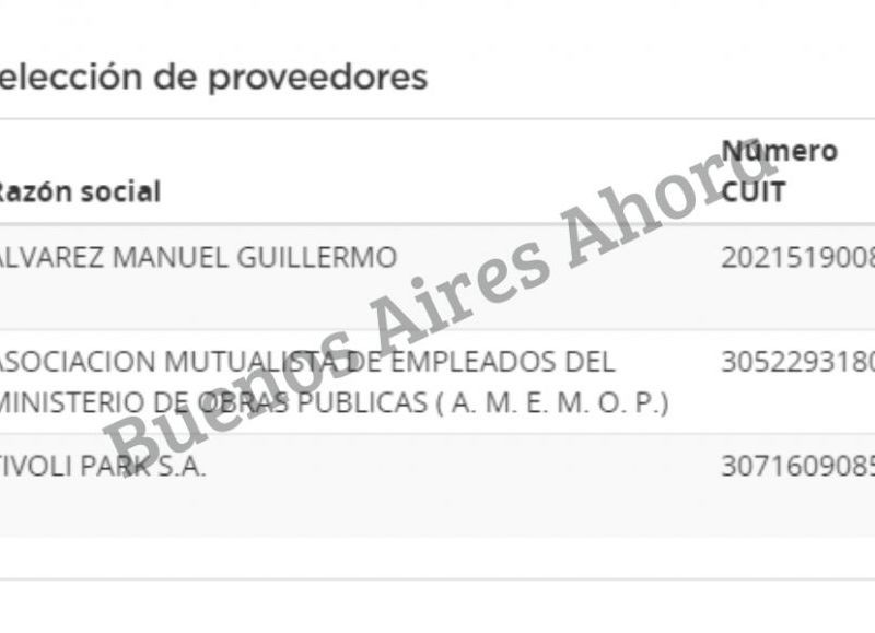 Los proveedores serán A.M.E.M.O.P., Tivoli Park S.A., y Guillermo Manuel Álvarez.