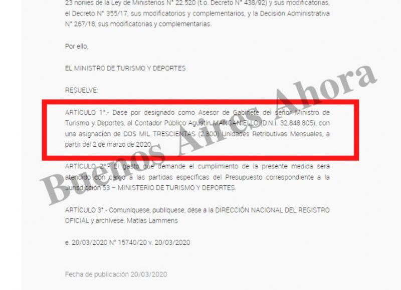 Agustín Manganiello, asesor de Gabinete del ministro de Turismo y Deportes, es proveedora del Estado, a pesar de ser ilegal.