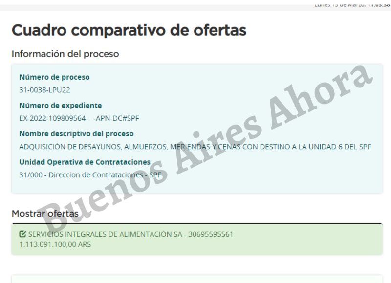 La empresa que proveerá la comida será Servicio Integrales de Alimentación S.A.