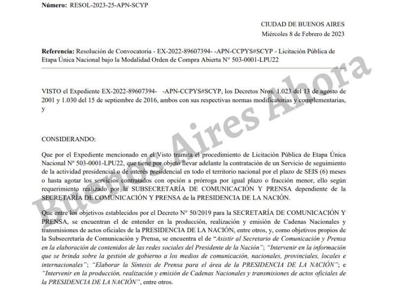 El pliego licitatorio firmado por la secretaria de Prensa, Gabriela Cerruti.